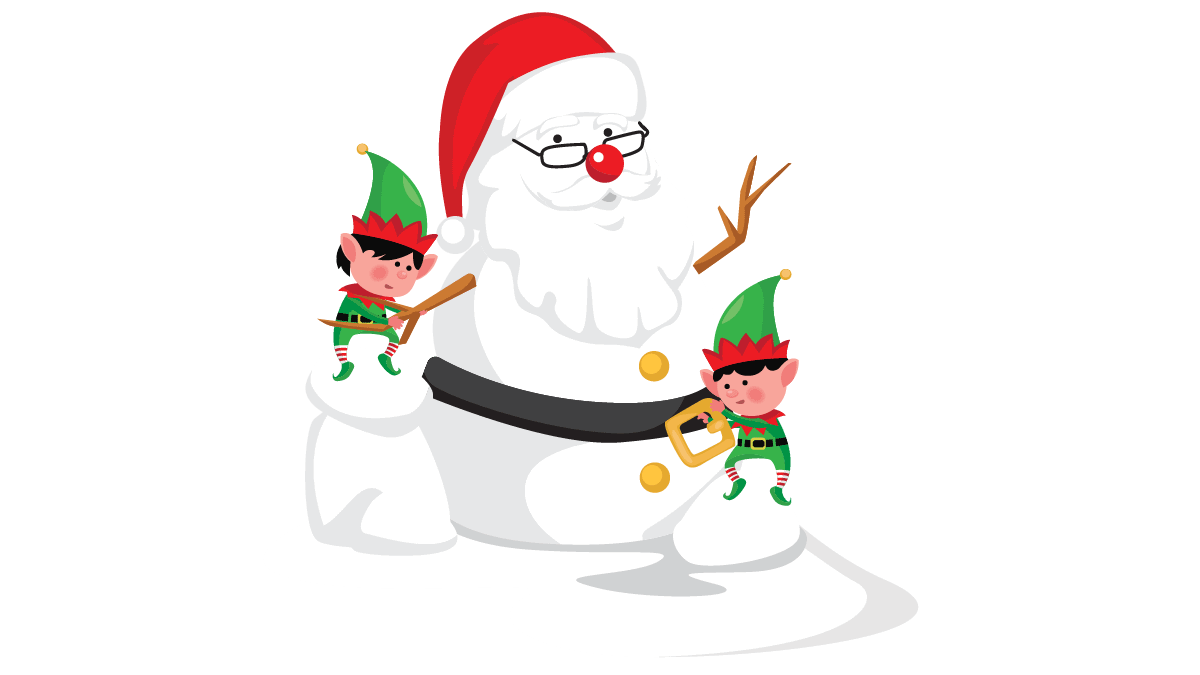 Two Christmas Elves building a Santa snowman for holiday events