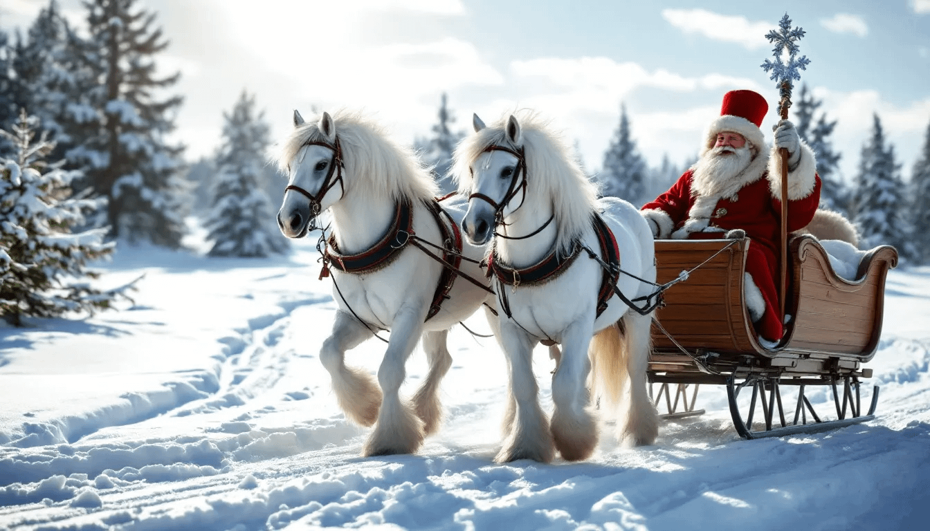Ded Moroz in a sleigh drawn by three horses through snowy countryside.