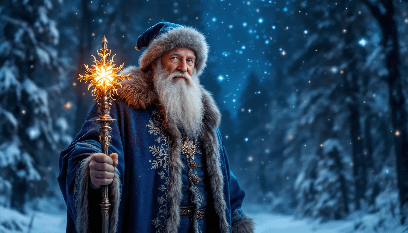Ded Moroz in a snow-covered forest holding a glowing staff.
