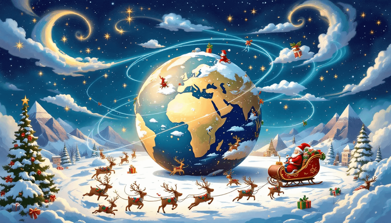 An image illustrating the various factors influencing Santa's route, including weather patterns and geographic features.
