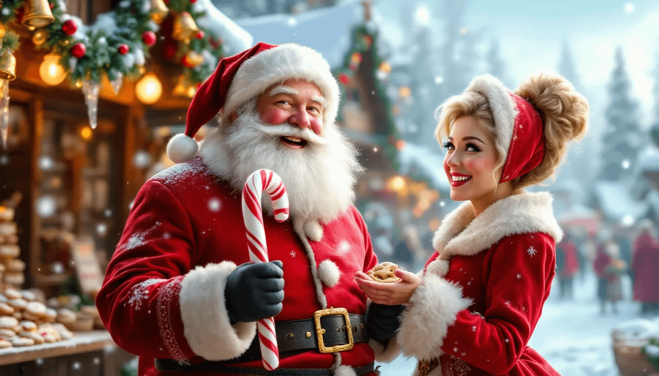 A festive scene showing Santa and Mrs. Claus for hire at an event.
