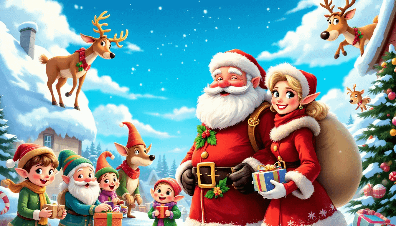 A variety of holiday characters including Santa, Mrs. Claus, and others.