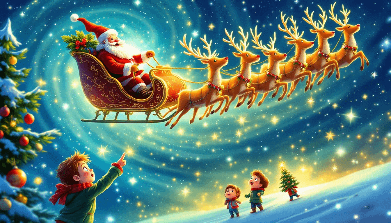 An illustration of Santa Claus's sleigh in the night sky, showcasing the excitement of Christmas Eve and asking when will Santa be at my house.