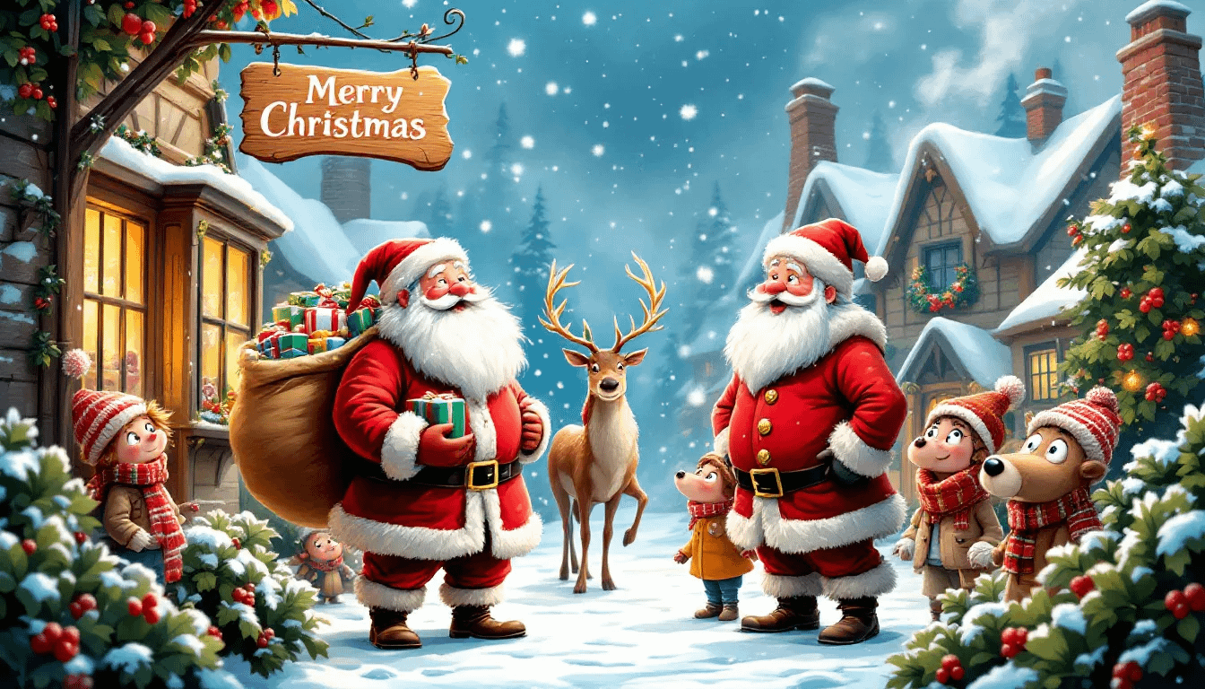 An illustration depicting Santa Claus and Father Christmas in a festive setting.