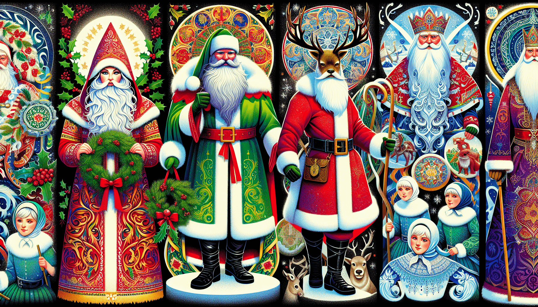 Illustration of different cultural representations of Santa Claus
