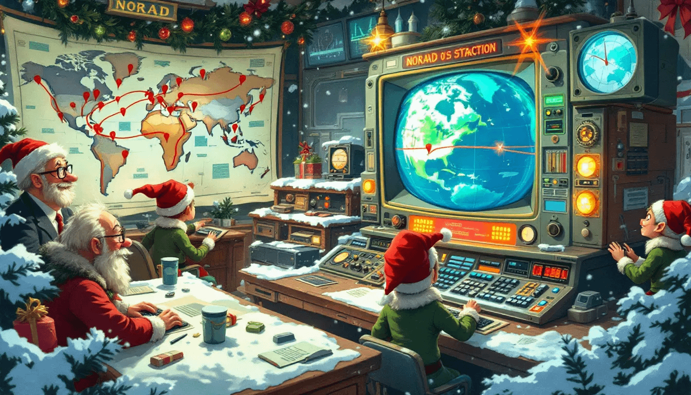 A graphic showing NORAD's tracking system for Santa Claus, highlighting the technology involved in tracking Santa's route.