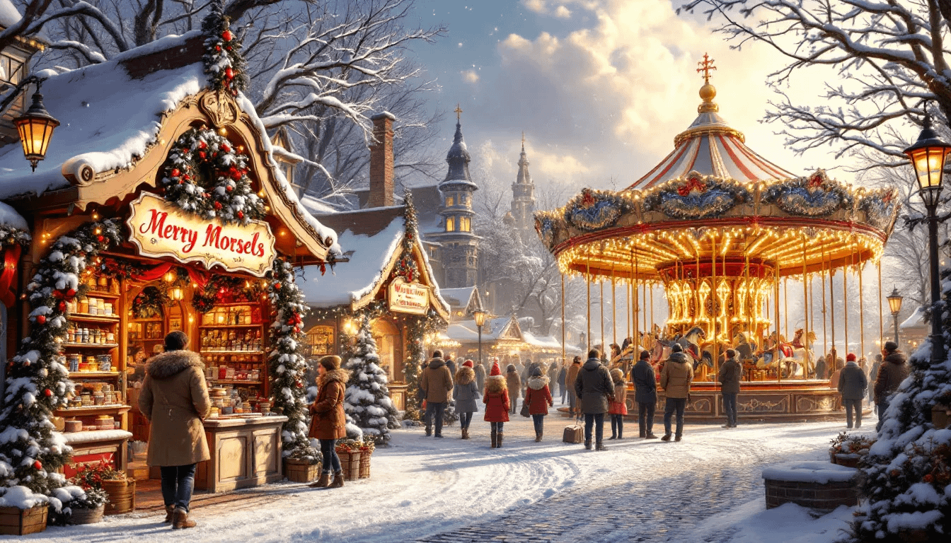 A bustling Christmas market filled with festive stalls and decorations.