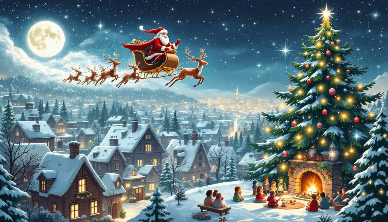 An artistic representation of Santa traveling the world in one night, capturing the magic of Christmas and the excitement of children everywhere.