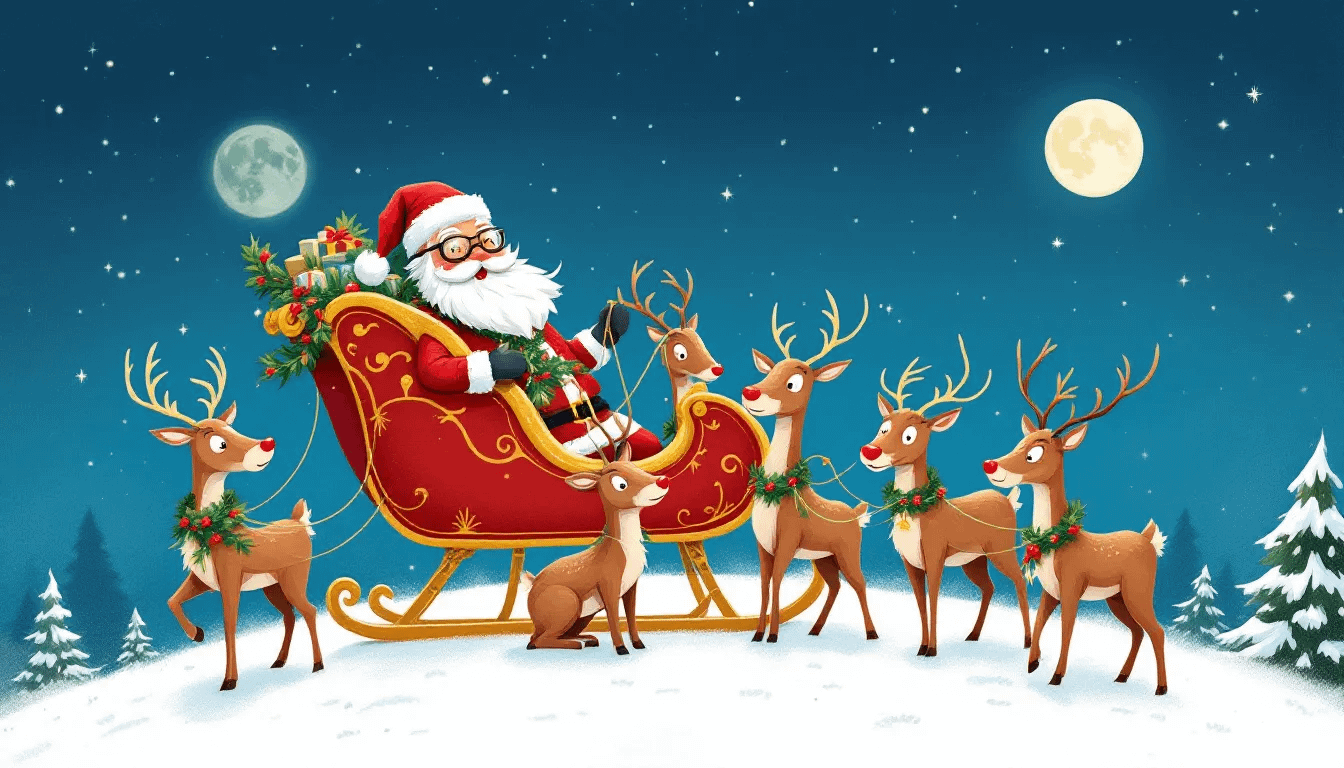 Santa's sleigh and reindeer preparing for their journey on Christmas Eve.