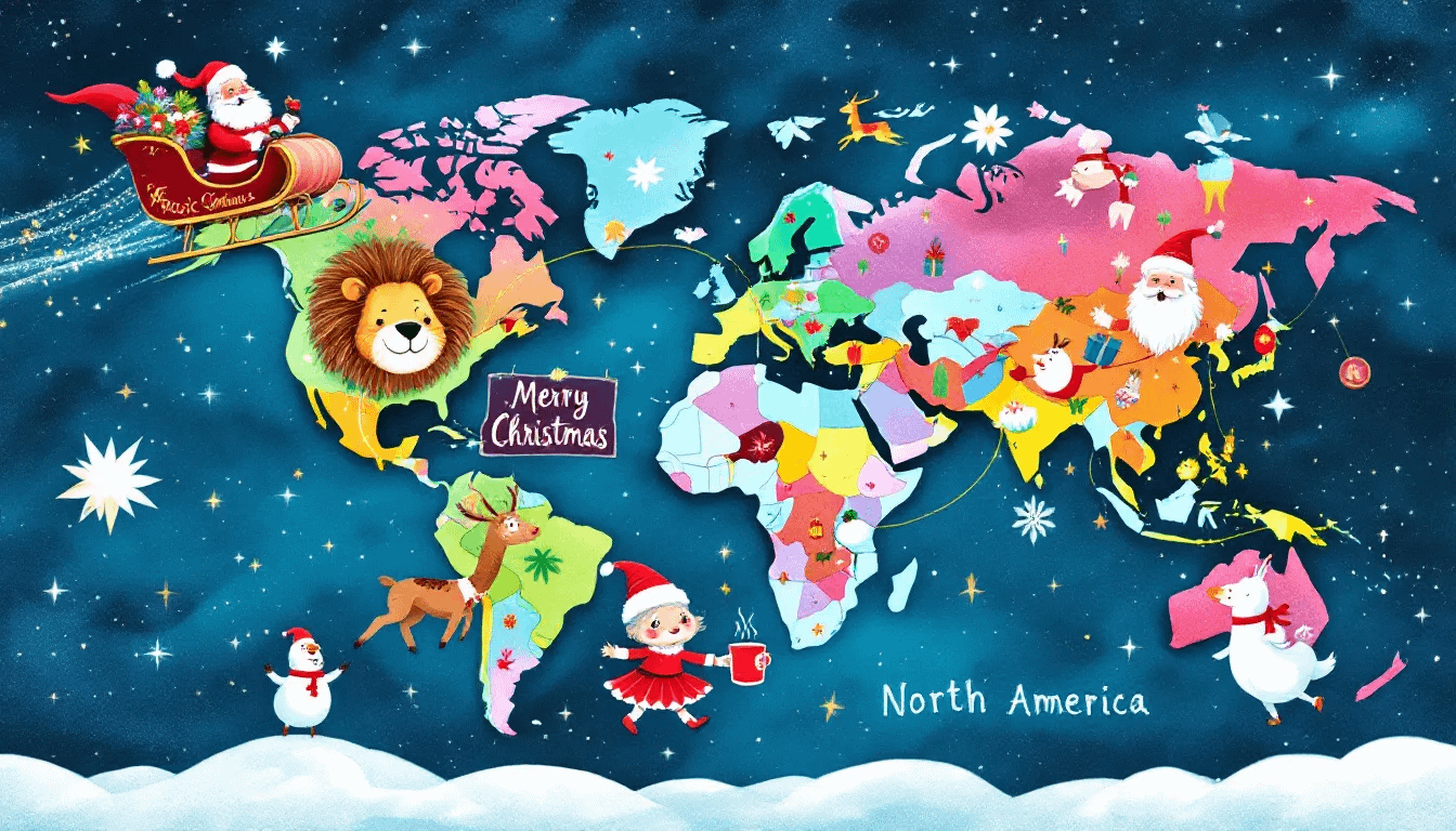 A world map showcasing Santa's journey across continents, emphasizing the global nature of his travels.