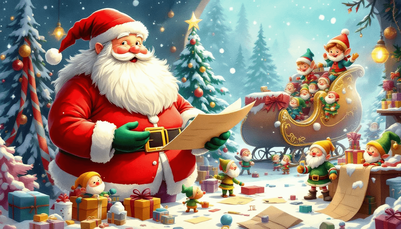 An illustration of Santa Claus preparing for his task of visiting homes on Christmas Eve.