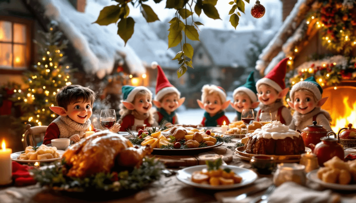 A traditional Christmas dinner featuring classic foods like Christmas pudding and roast beef.