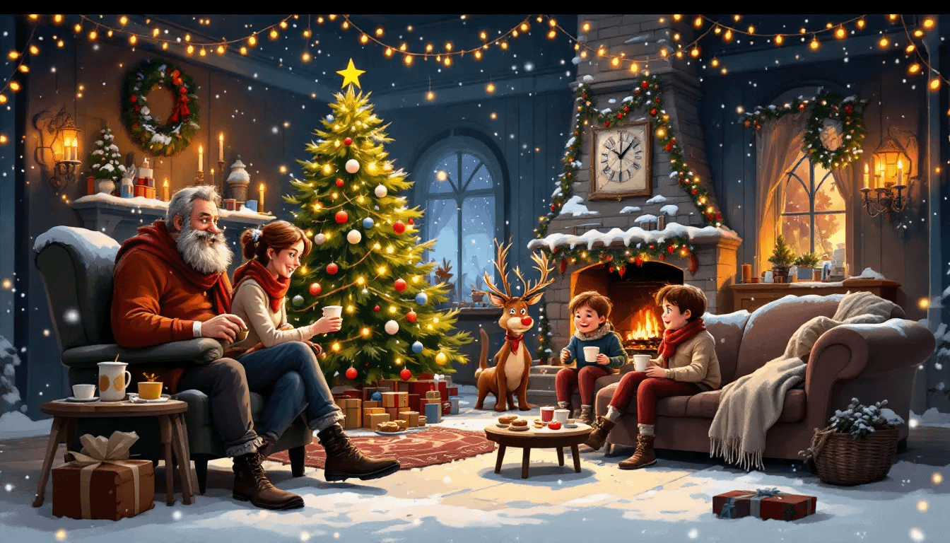 A cozy Christmas Eve scene with a family preparing for celebrations.