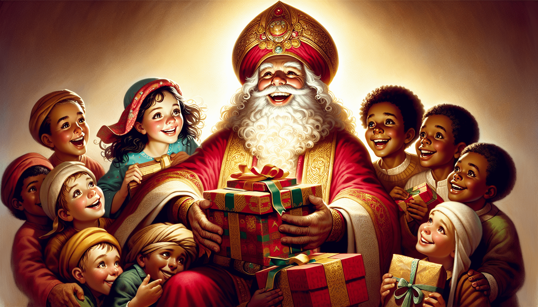 Illustration of St. Nicholas of Myra giving gifts to children