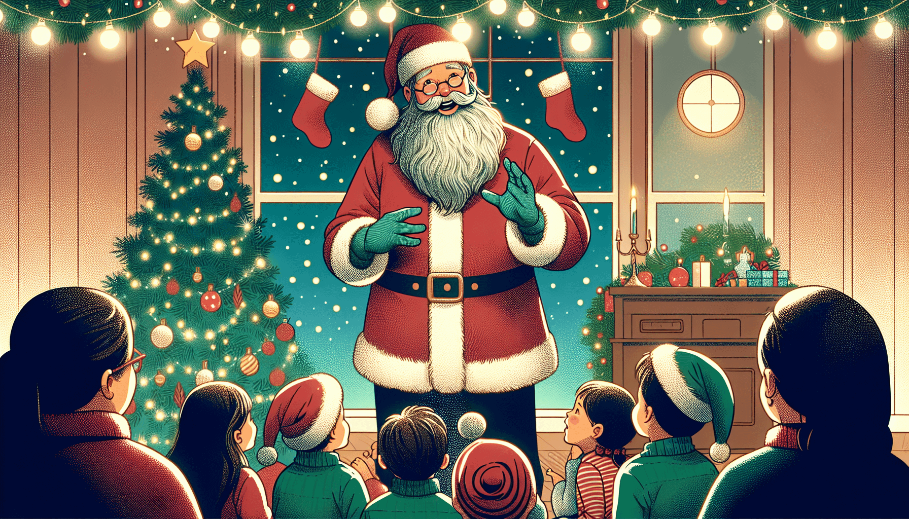 Jolly yet professional Santa Claus with children