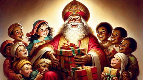 Illustration of St. Nicholas of Myra giving gifts to children