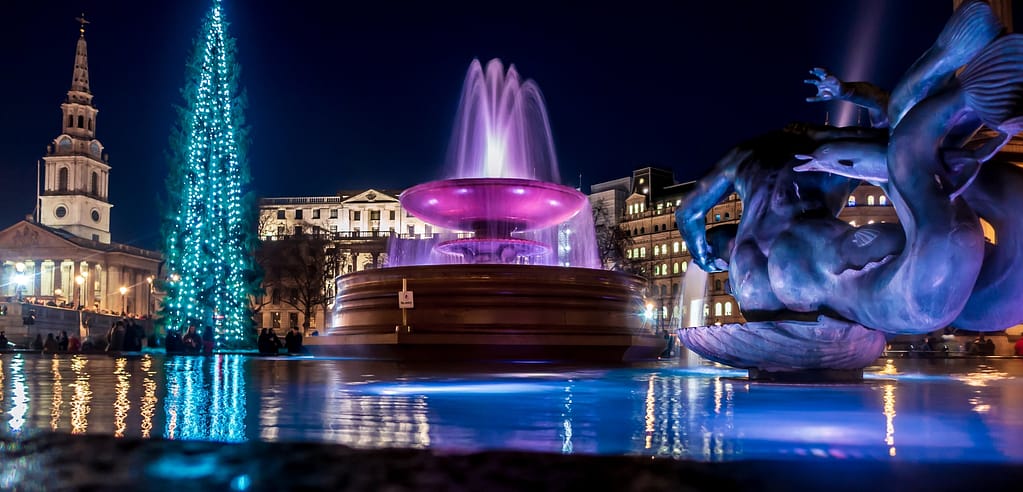 Trafalgar Square Christmas Tree Fountain at night