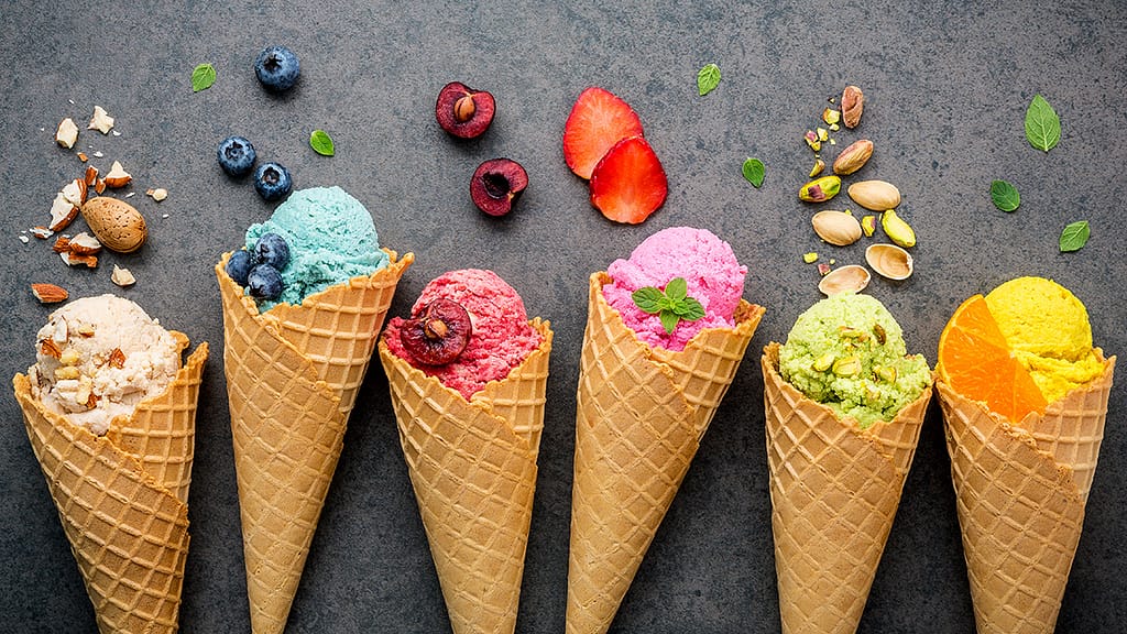 Various Of Ice Cream Flavor In Cones Blueberry Strawberry Pist