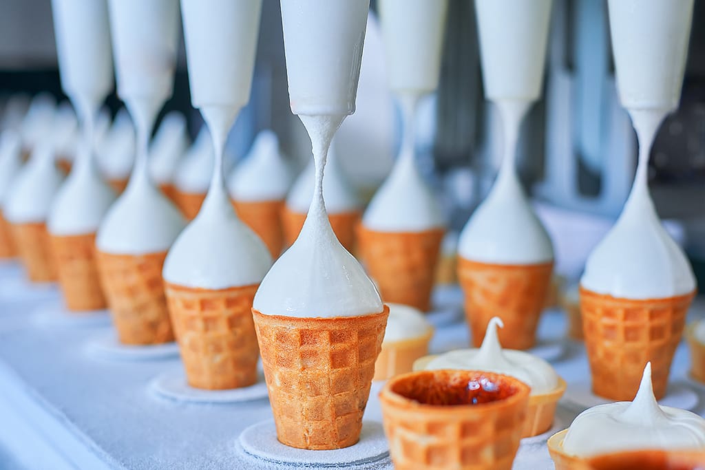 Ice Cream Dairy Factory Conveyor Belt With Icecream Cones At M