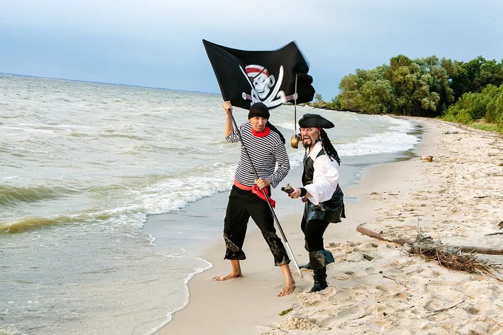 Two Pirates With A Flag On The Seashore