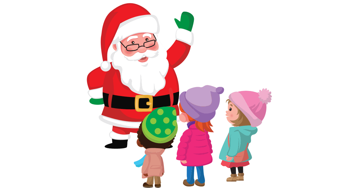 Santa With Three Children In Winter Clothing