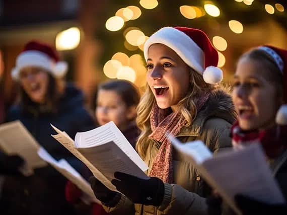 People Caroling In The Neighborhood To Spread Christmas Cheer On Christmas Eve