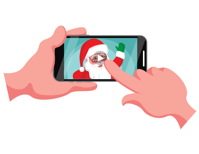A hand holds a mobile phone with a Santa Claus video message loaded while another hand is about to press the play icon