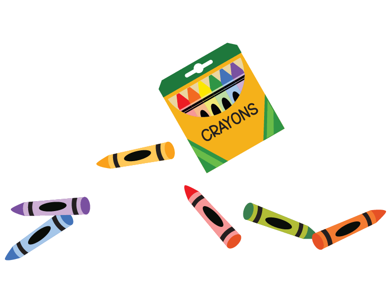 A box of crayons surrounded by individual crayons of various colors