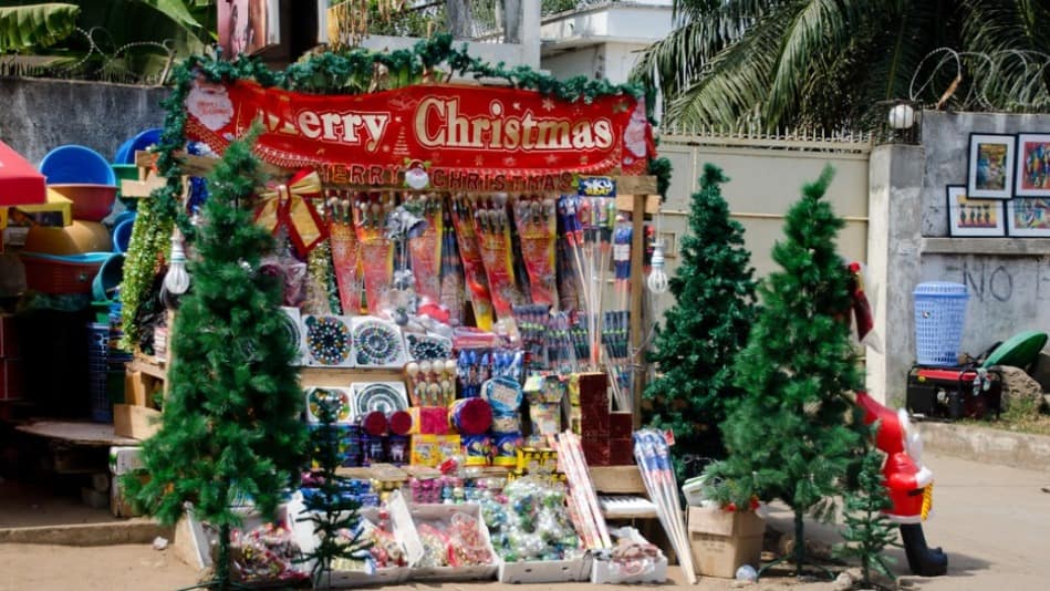 Market Stall in Ghana selling Christmas decorations