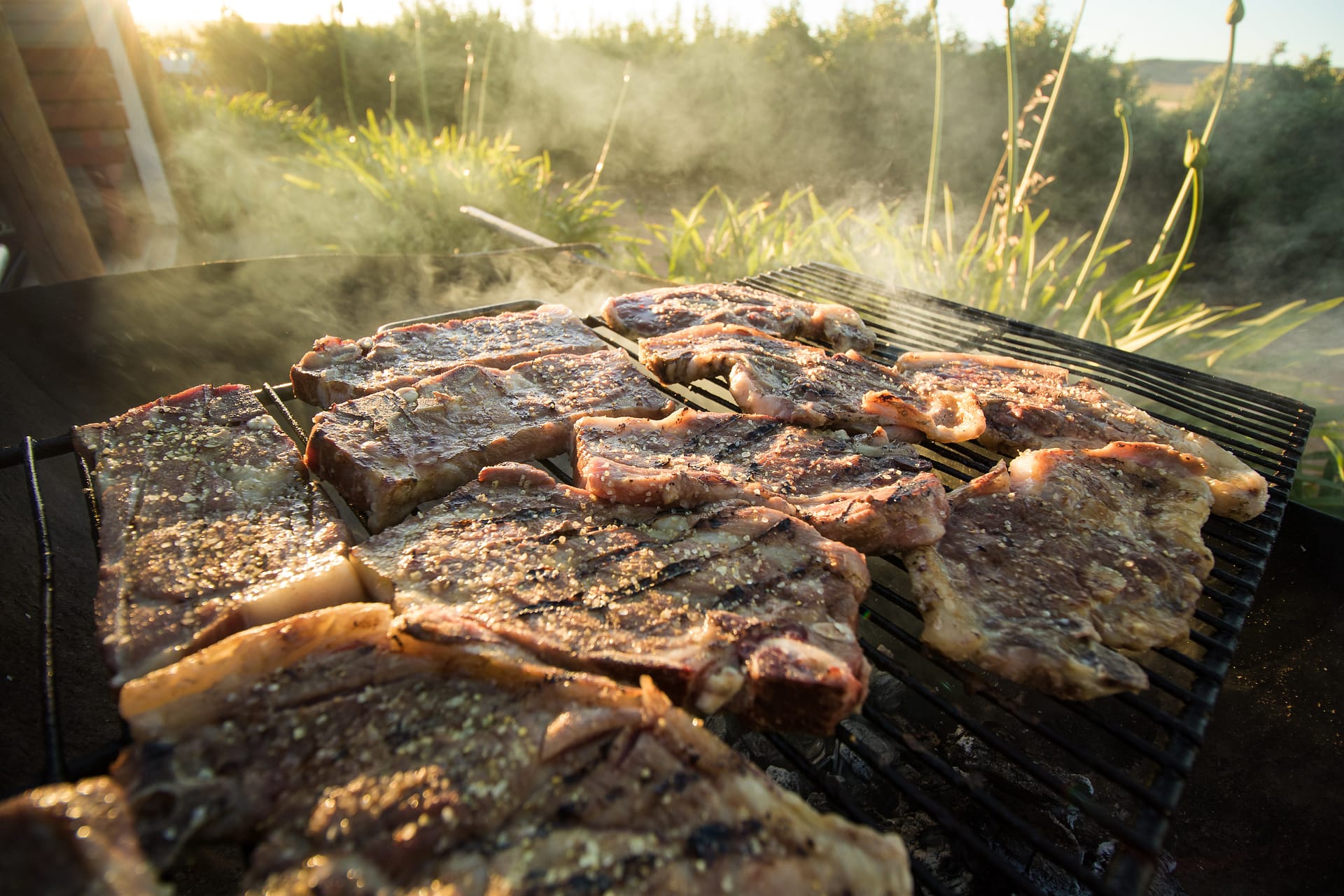 Close up wide angle view of meat on the braai / barbeque as a traditional meal in south africa