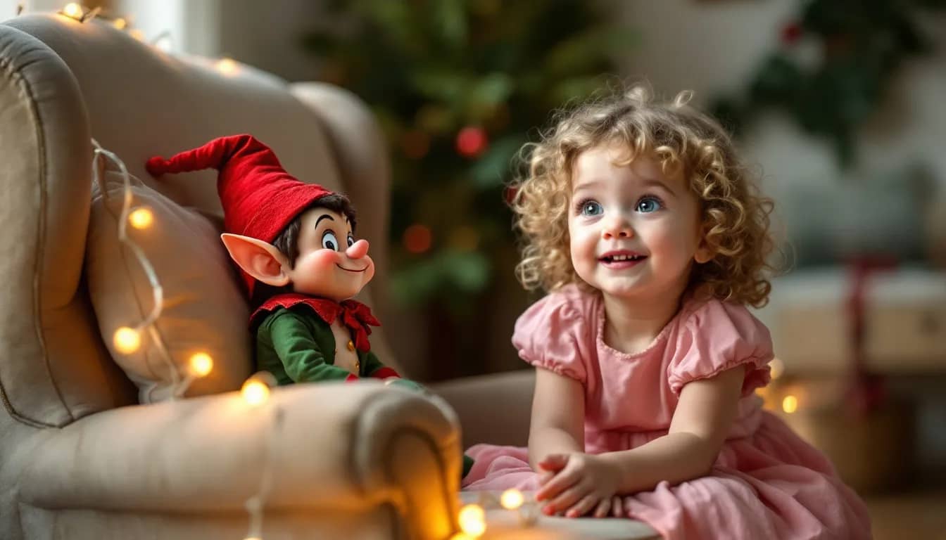 A young girl with curly blonde hair excitedly gazes at her Elf on the Shelf, dressed in a red hat and green outfit, sitting on a cozy chair decorated with warm holiday lights. A beautifully lit Christmas tree is visible in the background, capturing the magic of introducing Elf on the Shelf for the first time.